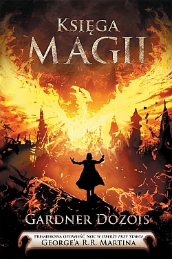Księga magii - okładka - czarodziej na tle pożaru